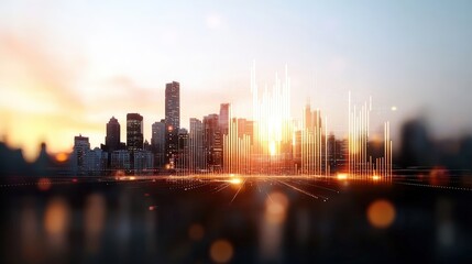 Fototapeta premium A city skyline with a sunset in the background