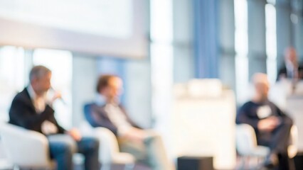 A blurred image of a panel discussion taking place at a business conference.
