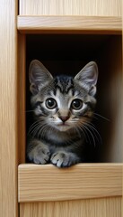 A curious kitten peeks out from a wooden shelf, showcasing its playful demeanor.