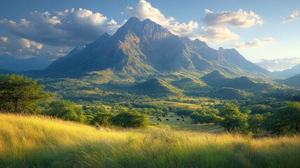 A serene landscape featuring a majestic mountain surrounded by lush greenery and grazing cattle.