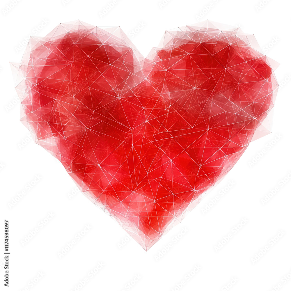 Poster a geometric heart shape filled with vibrant red, featuring intricate lines and a stylized design tha