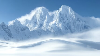 Majestic snow-covered mountains under a clear blue sky, creating a serene winter landscape.
