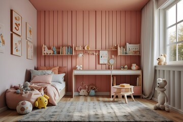 A 3D-rendered wall mock-up is featured in background of a children's room interior in a stock photo