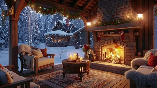 The living room of an elegant chalet, warmly lit witChristmas lights, a wreath, and candles, while snow falls outside the window and the fireplace glows inside.