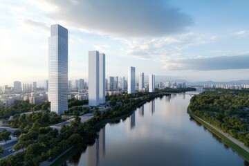 Fototapeta premium Urban skyline features modern skyscrapers along a serene river bank at sunset