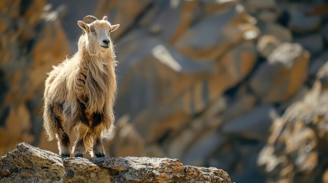 Wild goats in rock natural habitat, AI generated image