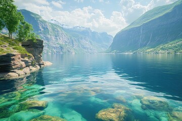 Serene fjord landscape with clear water and mountains under a bright sky.