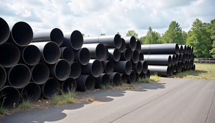Stacked black pipes on construction site for plumbing and industrial projects