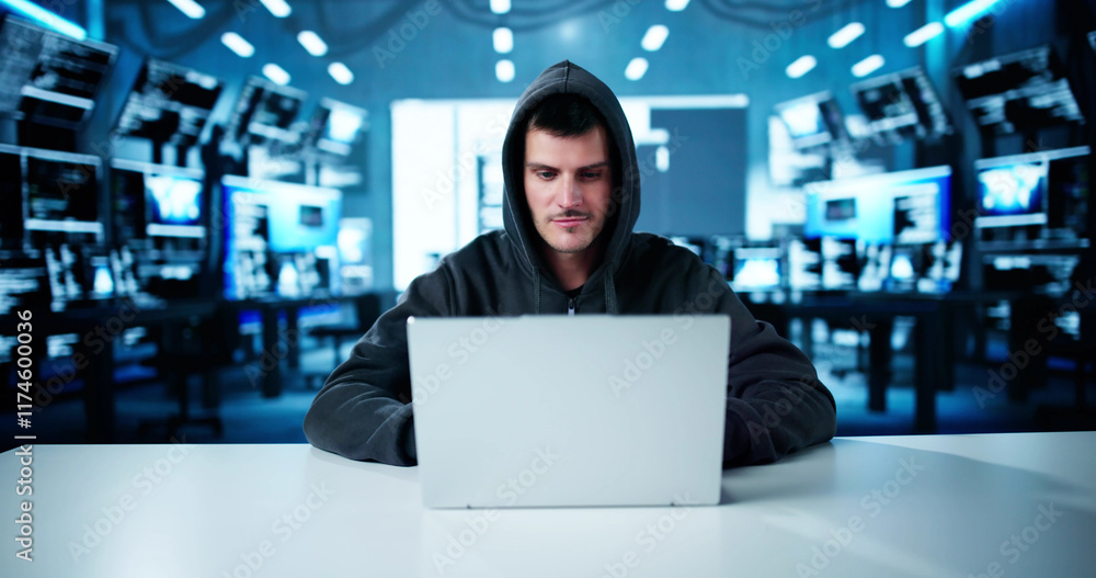 Poster Cyber Security Risk. Thief Man Hacking