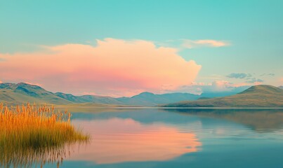 Fototapeta premium Tranquil mountain lake at sunset a serene landscape