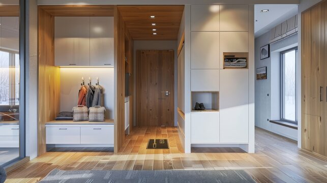 Interior of entrance hall in modern house, AI generated image