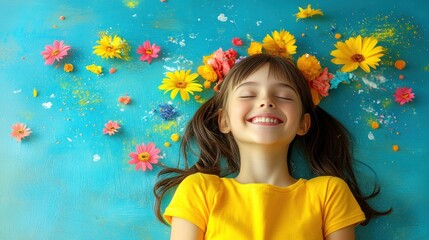 A joyful girl lying on a colorful background surrounded by flowers.