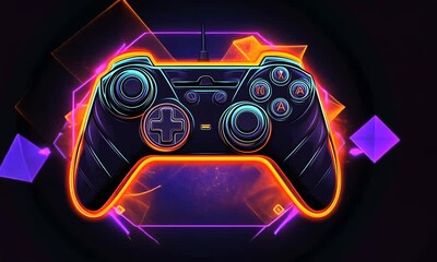 Neon Gaming Controller:  A vibrant digital art piece showcasing a glowing game controller against a dark, geometric background.  Perfect for gamers and digital art enthusiasts. - Powered by Adobe
