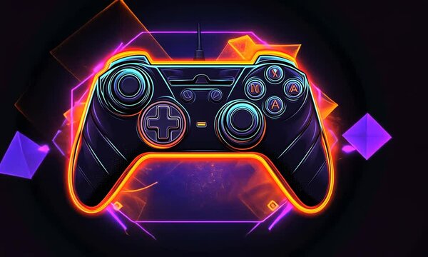 Neon Gaming Controller:  A vibrant digital art piece showcasing a glowing game controller against a dark, geometric background.  Perfect for gamers and digital art enthusiasts. - Powered by Adobe