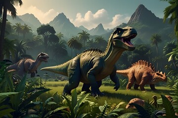 Happy dinosaurs roaming through a prehistoric landscape dotted with lush greenery, kids banner...