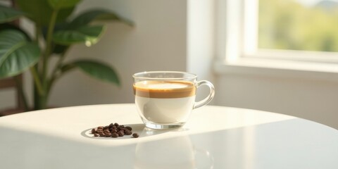A sunlit morning coffee in a clear glass, layered beverage, coffee beans nearby on a pristine white table