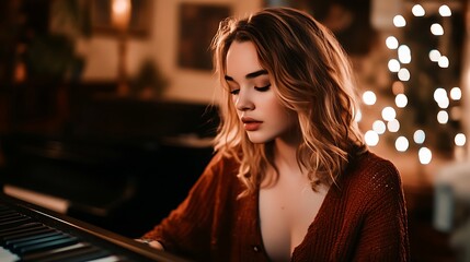 Woman playing piano in warm evening light