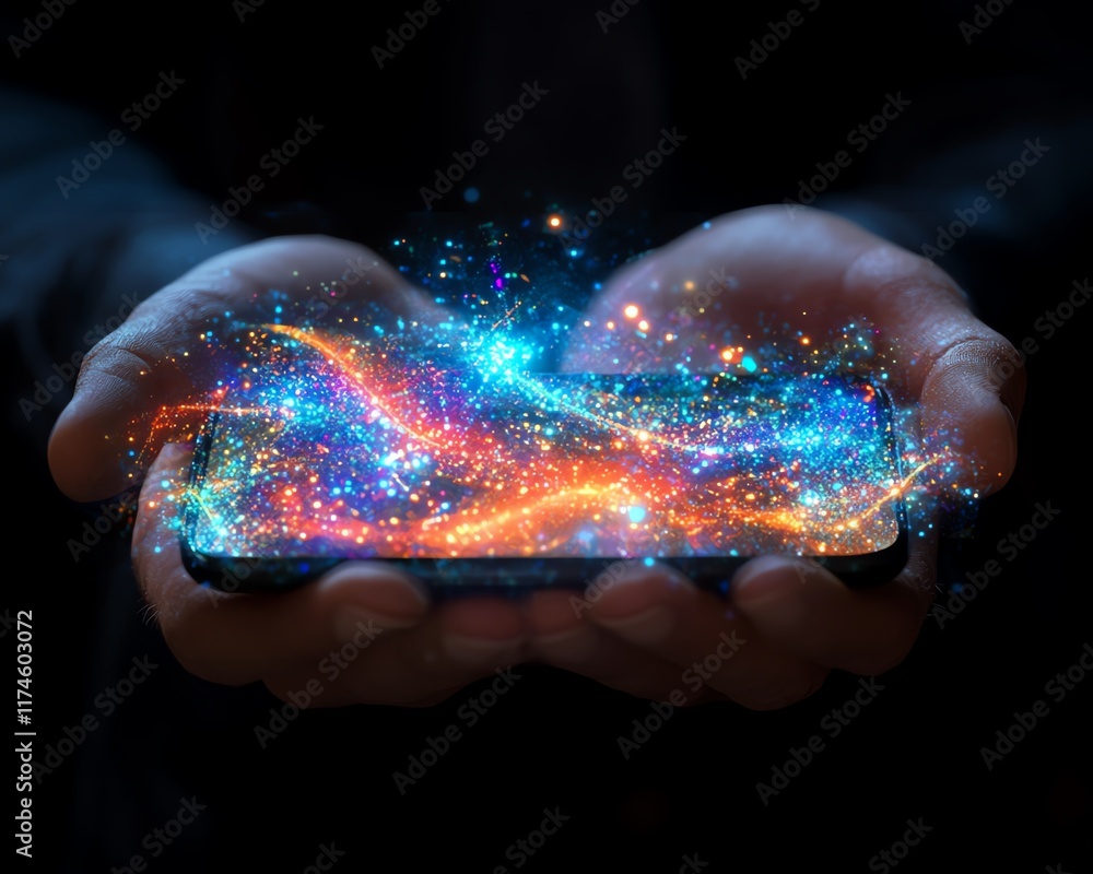 Poster a businessman holding a smartphone with a glowing holographic display of internet technology, digita