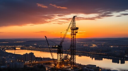 Construction at Sunrise Over Cityscape