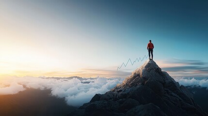 A man stands on a mountain peak, looking out over the landscape