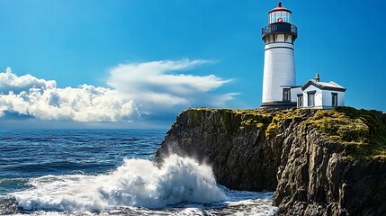 Obraz premium Charming lighthouse on a rugged cliff with crashing waves and a bright blue sky
