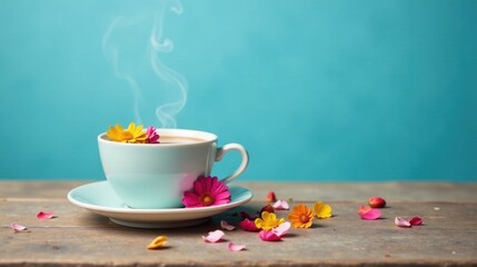 Aromatic Tea with Delicate Floral Garnish on Rustic Wooden Surface