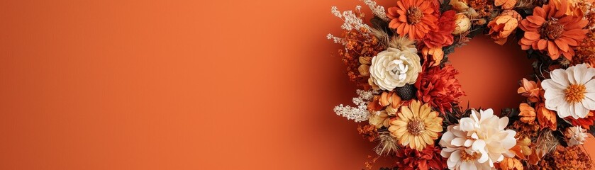 A vibrant autumn wreath adorned with orange and white flowers against a warm orange background.