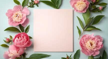 Pink peonies and green leaves against a blank paper on a pale blue background, top view for wedding invitation or card template banner design. Mockup for text or product display design