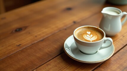 Morning Coffee Break Aromatic Latte Art and Creamy Milk on Wooden Table