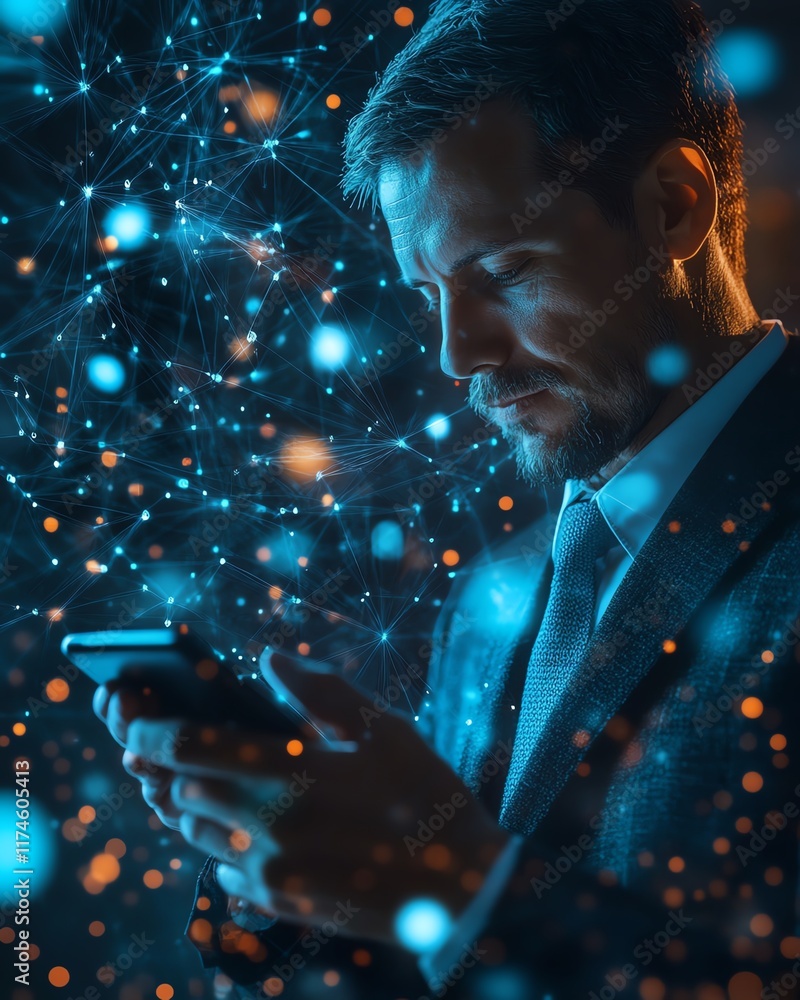 Poster A professional businessman using a smartphone with floating digital icons around him