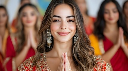 Obraz premium Elegant young woman in traditional attire smiling with hands together