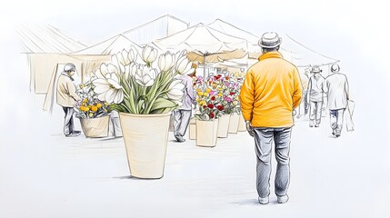 Fototapeta premium Person in Yellow Jacket Observing Flower Market Scene