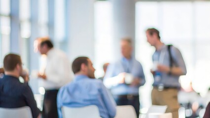 A blurred image of attendees taking a break during a conference, with coffee and conversation.
