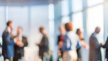 A soft blur of a corporate event with professionals mingling and networking.
