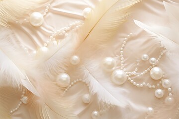 Fototapeta premium Luxurious Pink Silk Fabric Adorned with Pearls and Feathers for Elegant Designs. ai generative