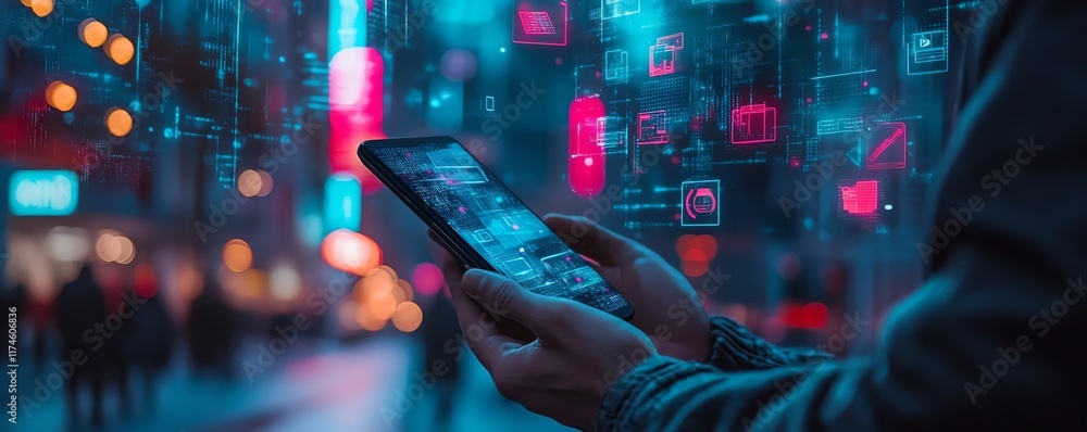 Poster closeup of a businessman using a smartphone, displaying virtual icons of banking, big data, digital 