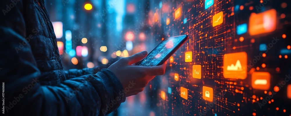 Poster closeup of a businessman using a smartphone, displaying virtual icons of banking, big data, digital 