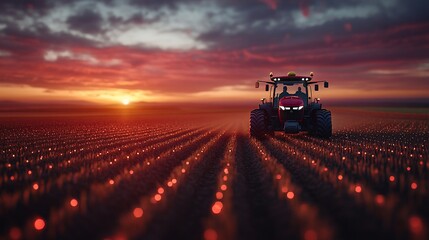 Tractor farming sunset field agriculture landscape