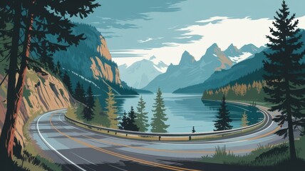 Illustration of a winding road curving around a lake, with towering mountains and misty skies.