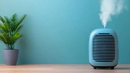 Stylish Blue Air Humidifier with Steam in Modern Room Featuring Green Plant and Aqua Background