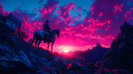 Cowboy Sunset on Mountain Ridge