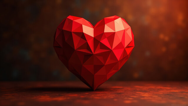 Low-Poly Red Heart, Creating An Elegant And Minimalist Design With Vibrant Colors And Geometric Shapes