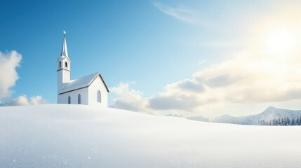 A white church with a steeple sits on a snowy hill