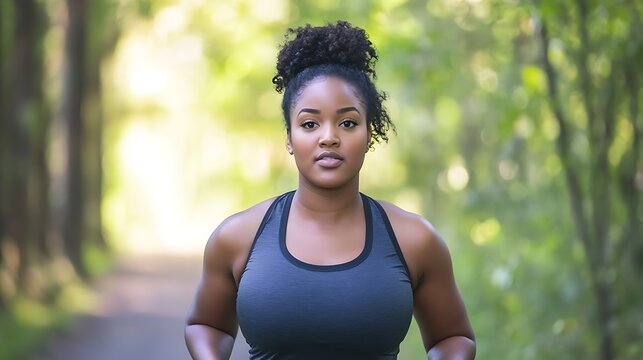 A woman jogging in a park with a determined look on her face, symbolizing the commitment to achieving fitness and health goals