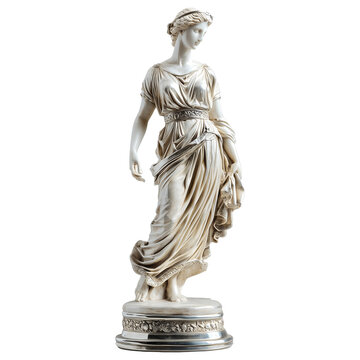 Elegant Greek statue of Artemis in silver finish, showcasing intricate drapery and classical design, symbolizing grace and mythology, isolated on transparency background