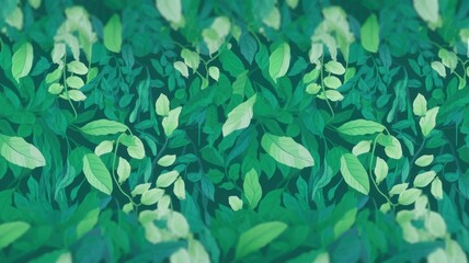 Vintage-style botanical illustration of dense green foliage with vibrant leaves in a warm, nostalgic design