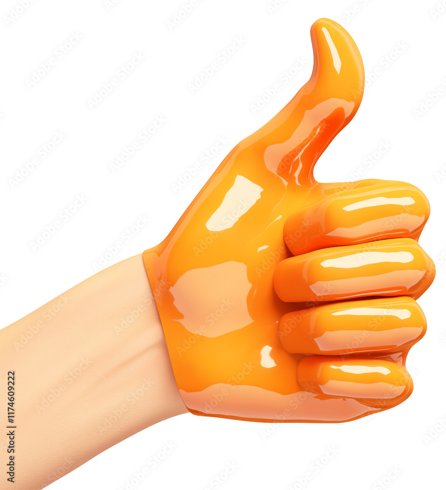 Poster glossy orange thumbs up hand gesture with smooth and shiny finish, isolated on transparency background, symbolizing approval or positivity