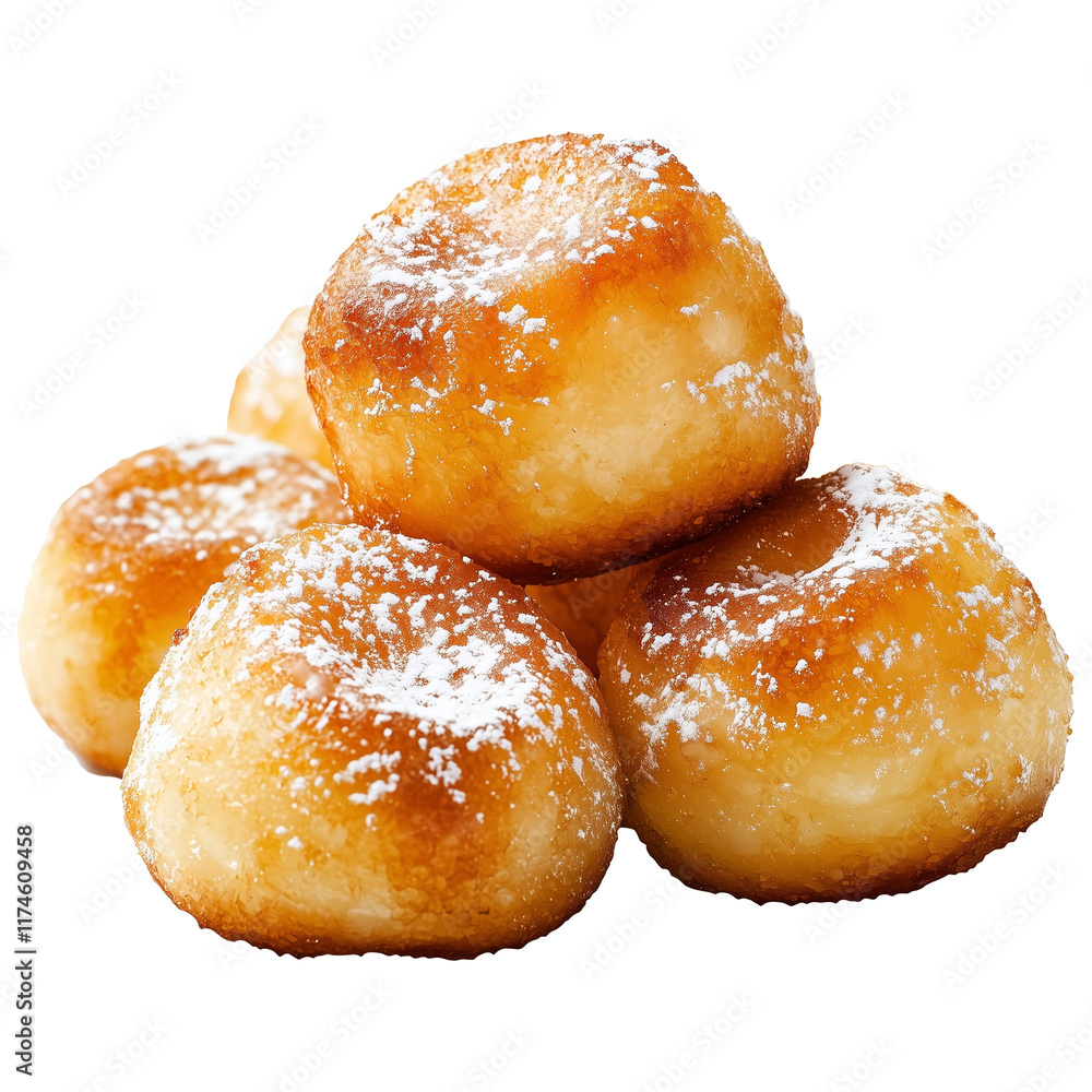 Poster golden, crispy loukoumades dusted with powdered sugar, isolated on transparency background, showcasi
