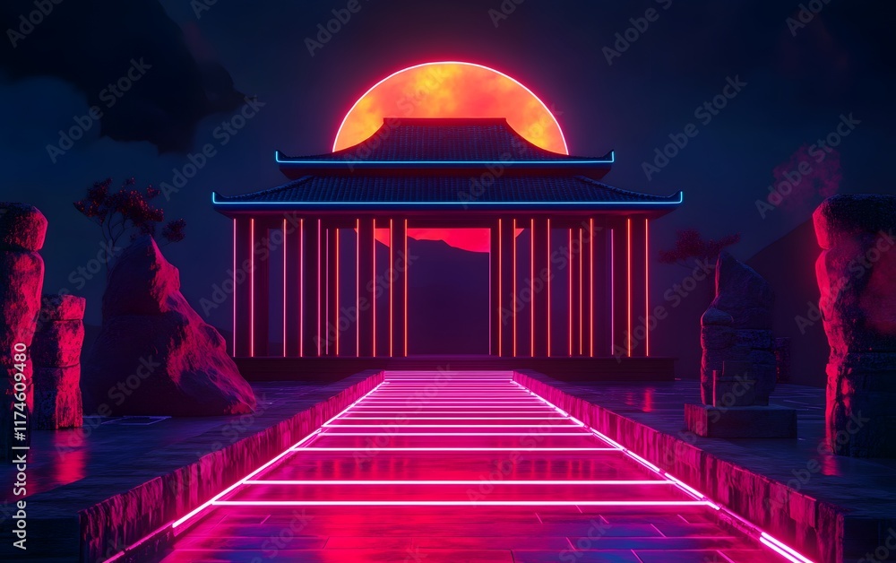 Poster a captivating neon-lit gateway set against a vibrant sunset backdrop. the illuminated path leads to 