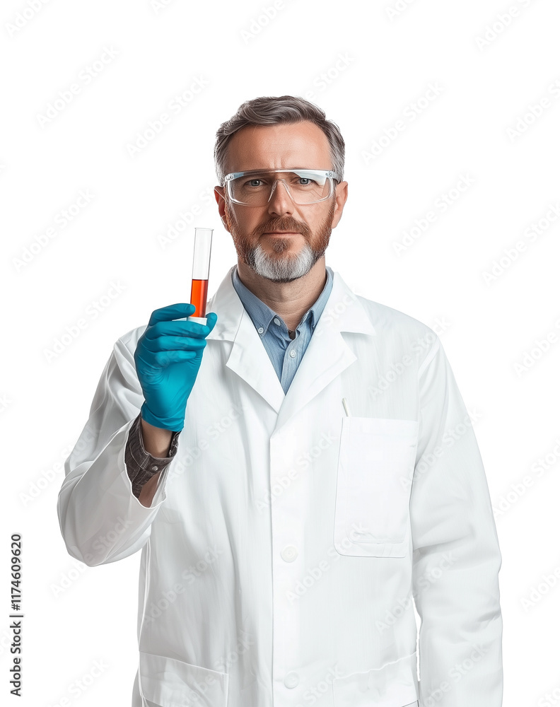 Poster scientist wearing lab coat and safety goggles holds test tube with red liquid, demonstrating focus a